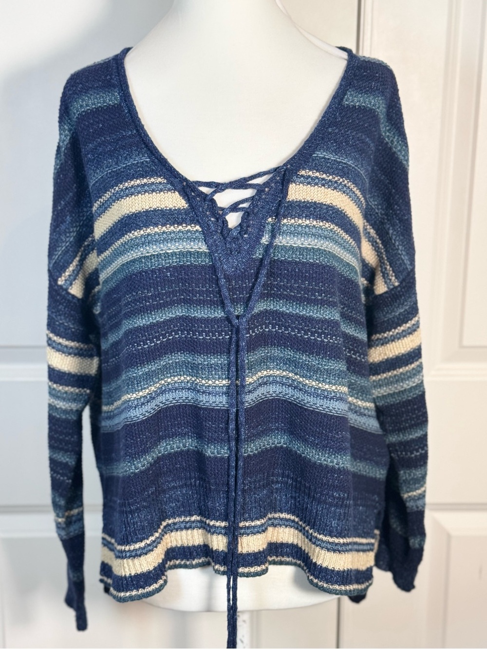 Denim & Supply Ralph Lauren S Blue Striped Lace Up Cotton Sweater Boho Baja Knit